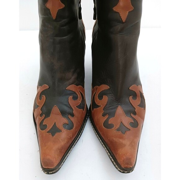 Donald Pliner Western Ankle Boot 2 Tone Brown Leather Point Toe Block Heel Sz 7 - Picture 3 of 12